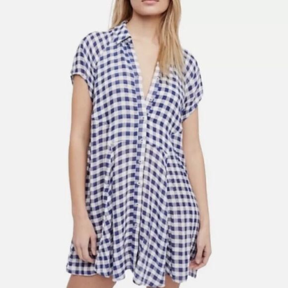 Free People New Spring Love Gingham Blue Plaid Tunic Top - Picture 1 of 11